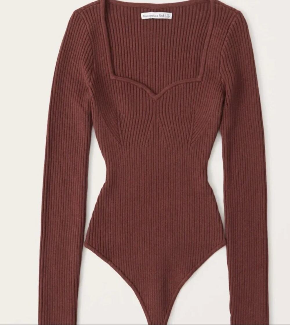 Abercrombie Long Sleeve Sweetheart Ribbed Sweater Bodysuit Brick Red Small